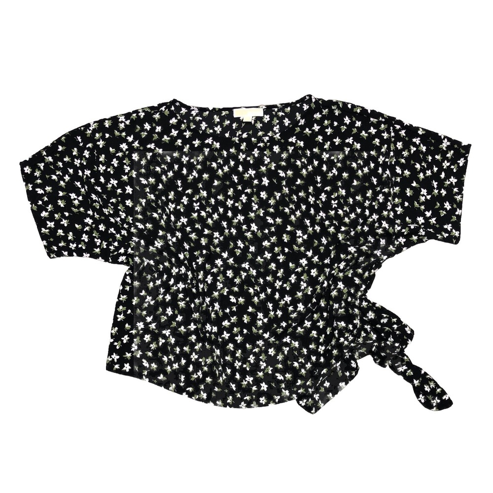 Michael Kors Top Women's 2X Black Floral Side Tie Boat Neck Blouse
